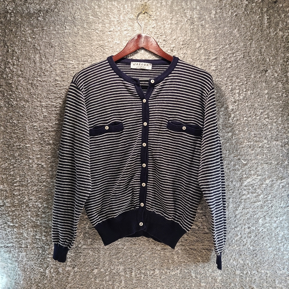 Jaeger Vintage Navy Blue White Striped Cotton Blend Cardigan Sweater UK 34 86cm